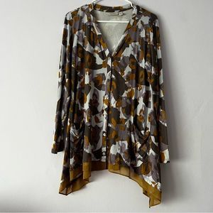 🍉 𝅺LOGO by Lori Goldstein Purple Gold Printed Chiffon Trim Cardigan